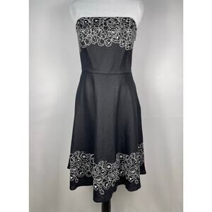 NWT LOFT Ann Taylor Strapless Floral Embroidered ALine Dress Black Linen Size 8P